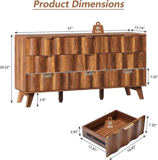 Walnut 9 Drawer Dresser With Fluted Fronts For Bedroom