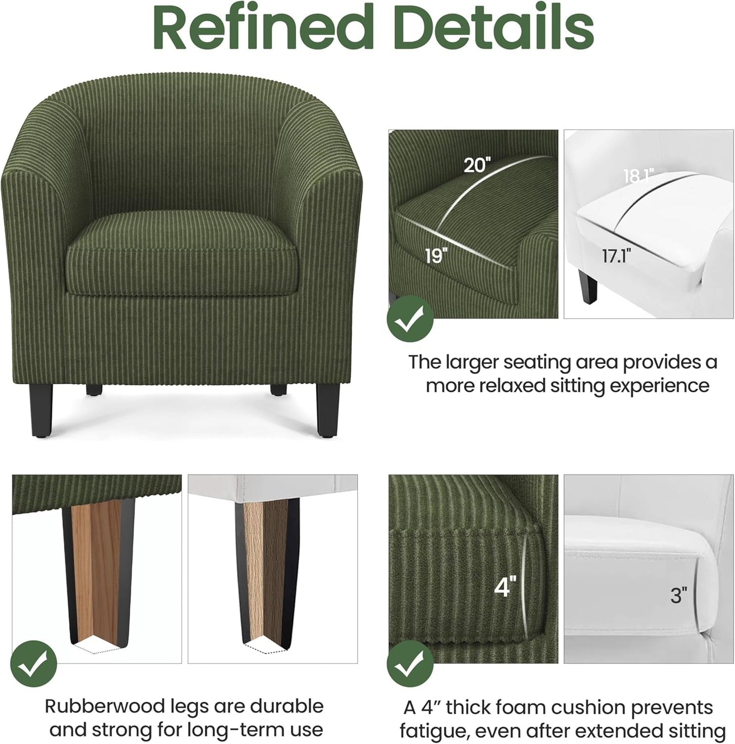 Corduroy Barrel Chairs Set of 2 Dark Green Upholstered