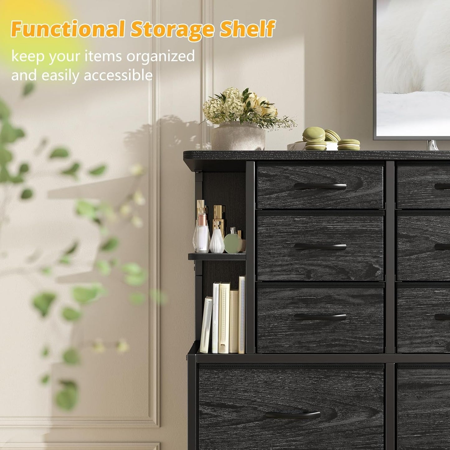 12 Drawer Dresser With Led Lights In Black Bedroom Storage Cabinet With Ample Drawer Space And Modern Metal Frame