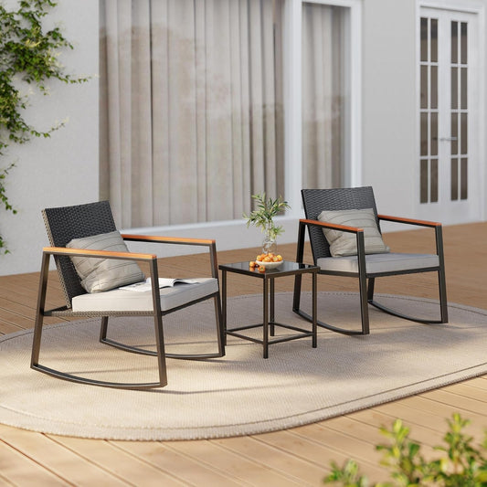 Outdoor Rocking Bistro Set With Cushions And Glass Table