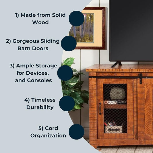 65 Inch Solid Wood TV Stand Honey Tobacco With Rustic Doors