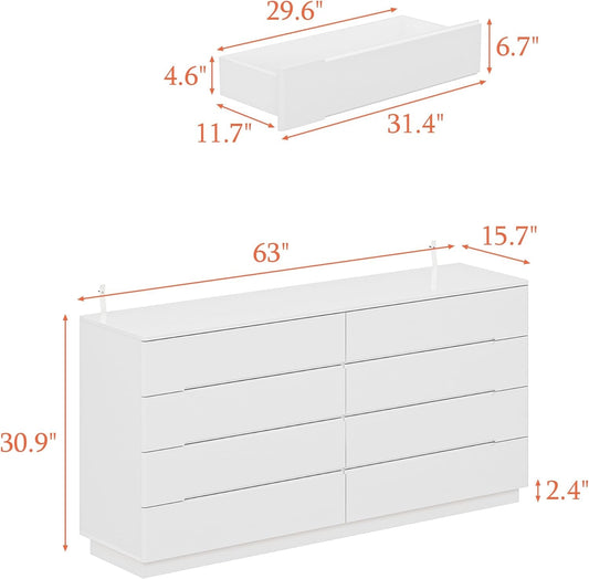 White LED Light Drawer Dresser With Eight Drawers 63 Inch