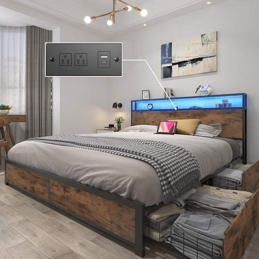 Queen Metal Platform Bed With Storage Headboard And Drawers