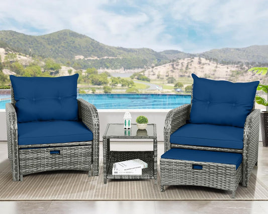 5 Pieces Wicker Outdoor Patio Chairs Set With Ottoman Blue