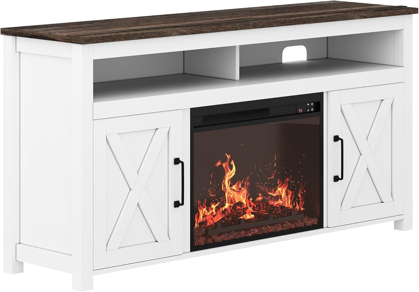 58 Inch White Farmhouse Fireplace TV Stand Cabinet