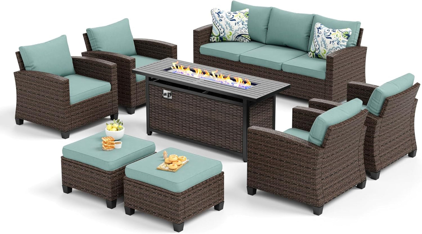 Brown Wicker Patio Furniture Set With Fire Pit Table
