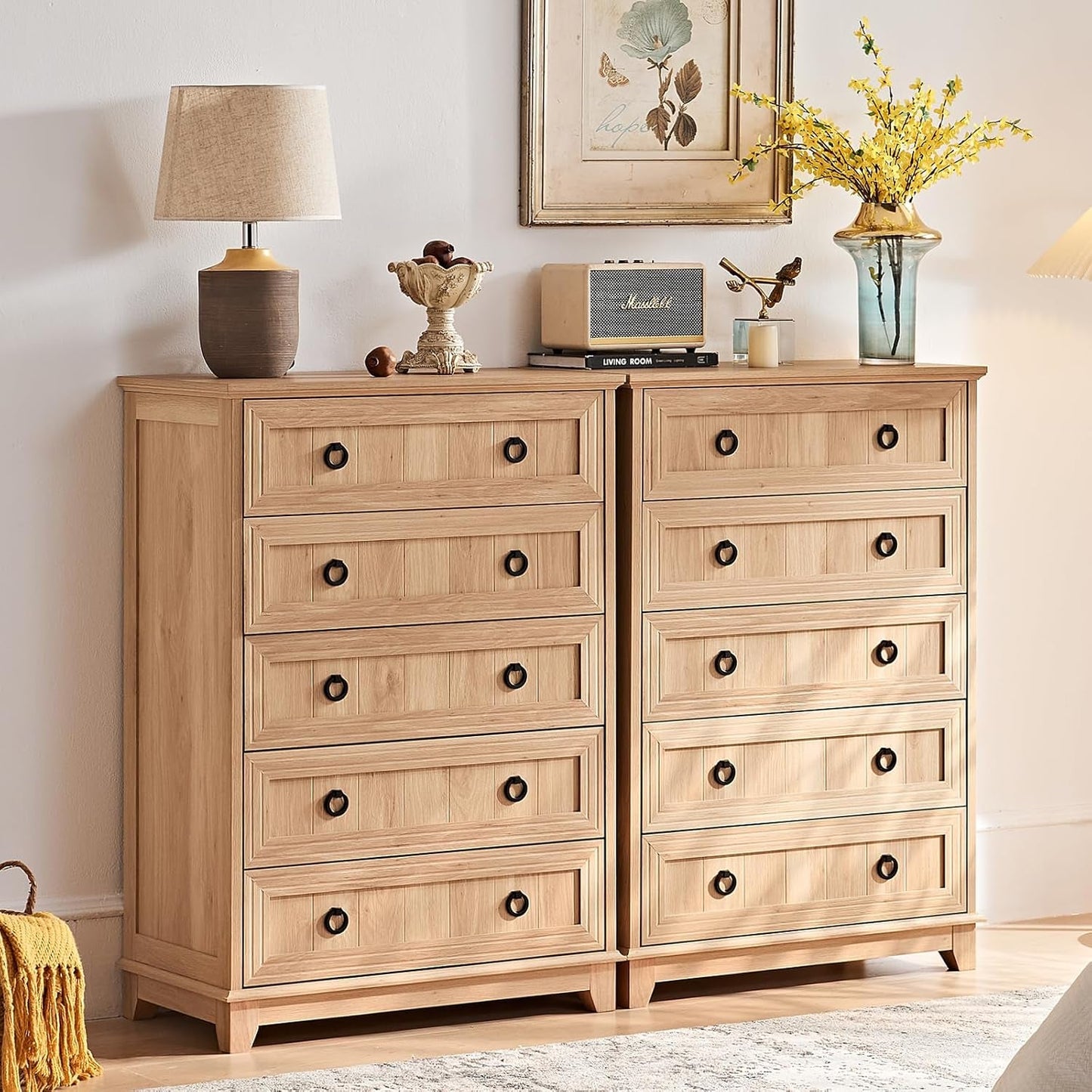 Farmhouse Style 5 Drawer Dresser 42 Inch Tall Rustic Finish