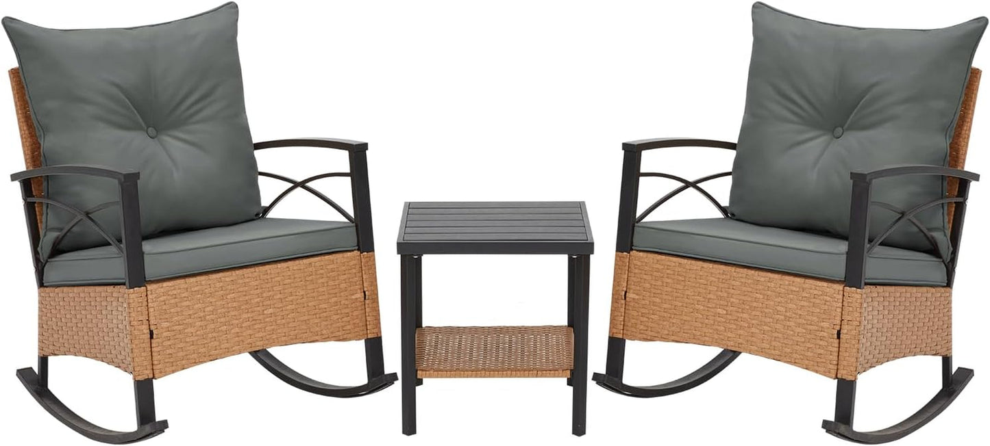 3 Piece Patio Rocking Chairs Set With Coffee Table Grey