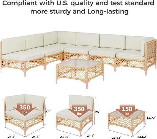 7 Piece Outdoor Wicker Sectional Set With Tempered Glass