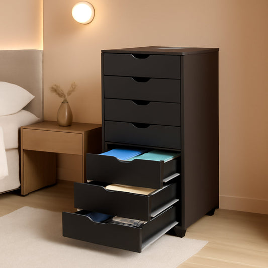 7-Drawer Mobile Storage Chest Wooden Dresser With Wheels Black Wood