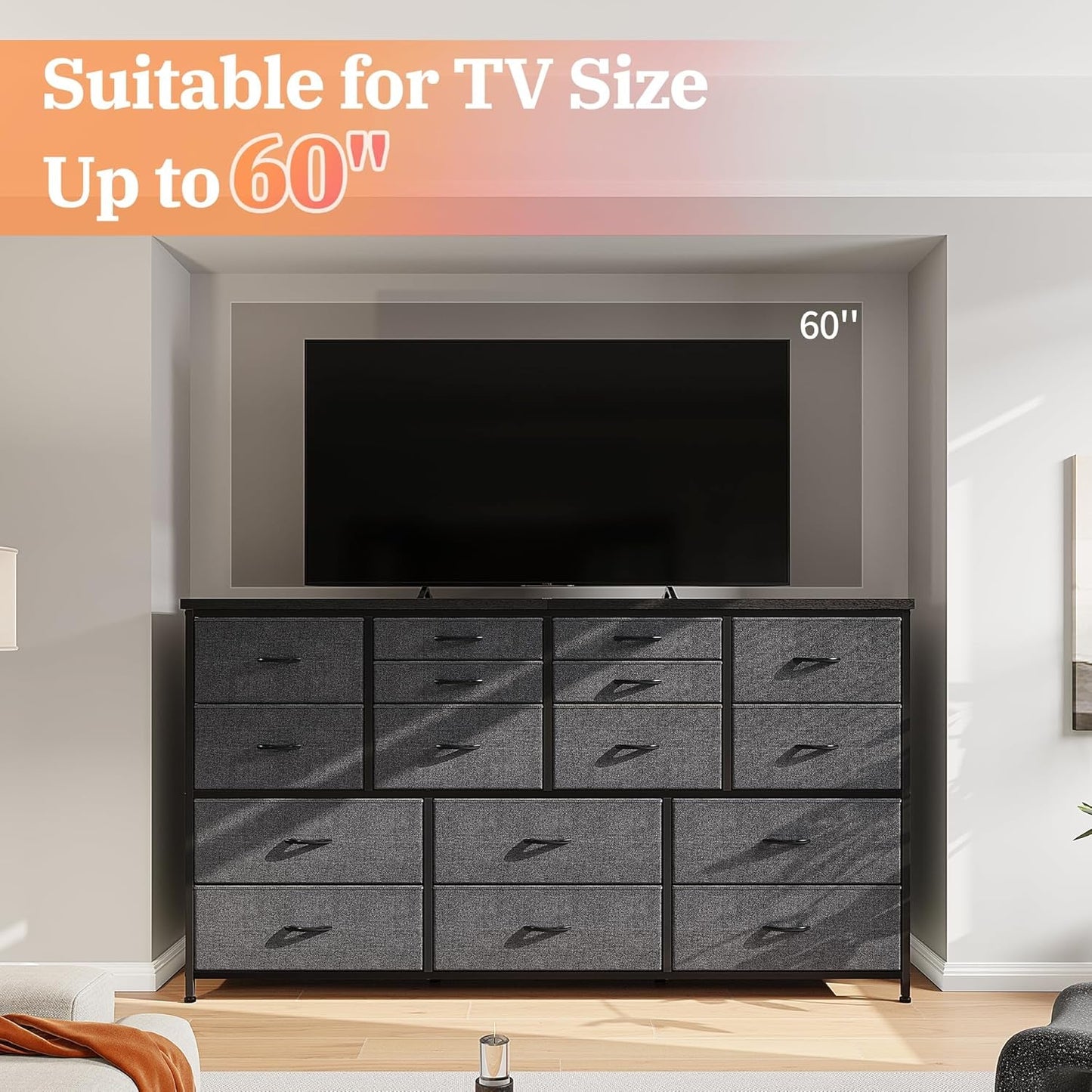 60 Inch TV Stand Dresser With Charging Station 16 Drawers