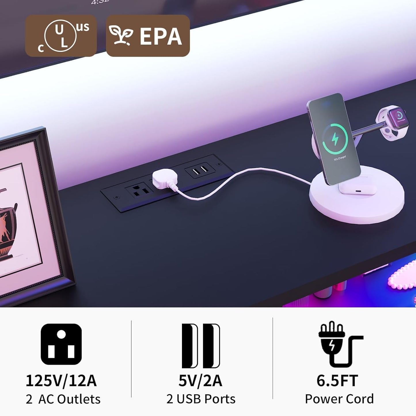 Black Dresser With LED Lights And Charging Station