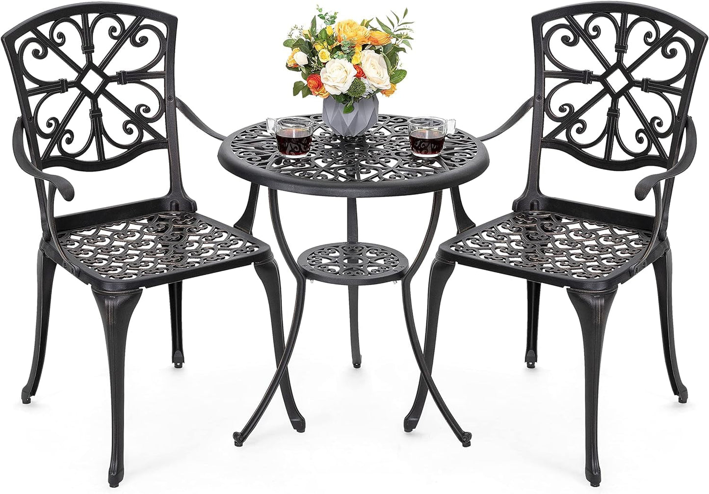 Black Bistro Set Umbrella Hole Cast Aluminum Outdoor Patio