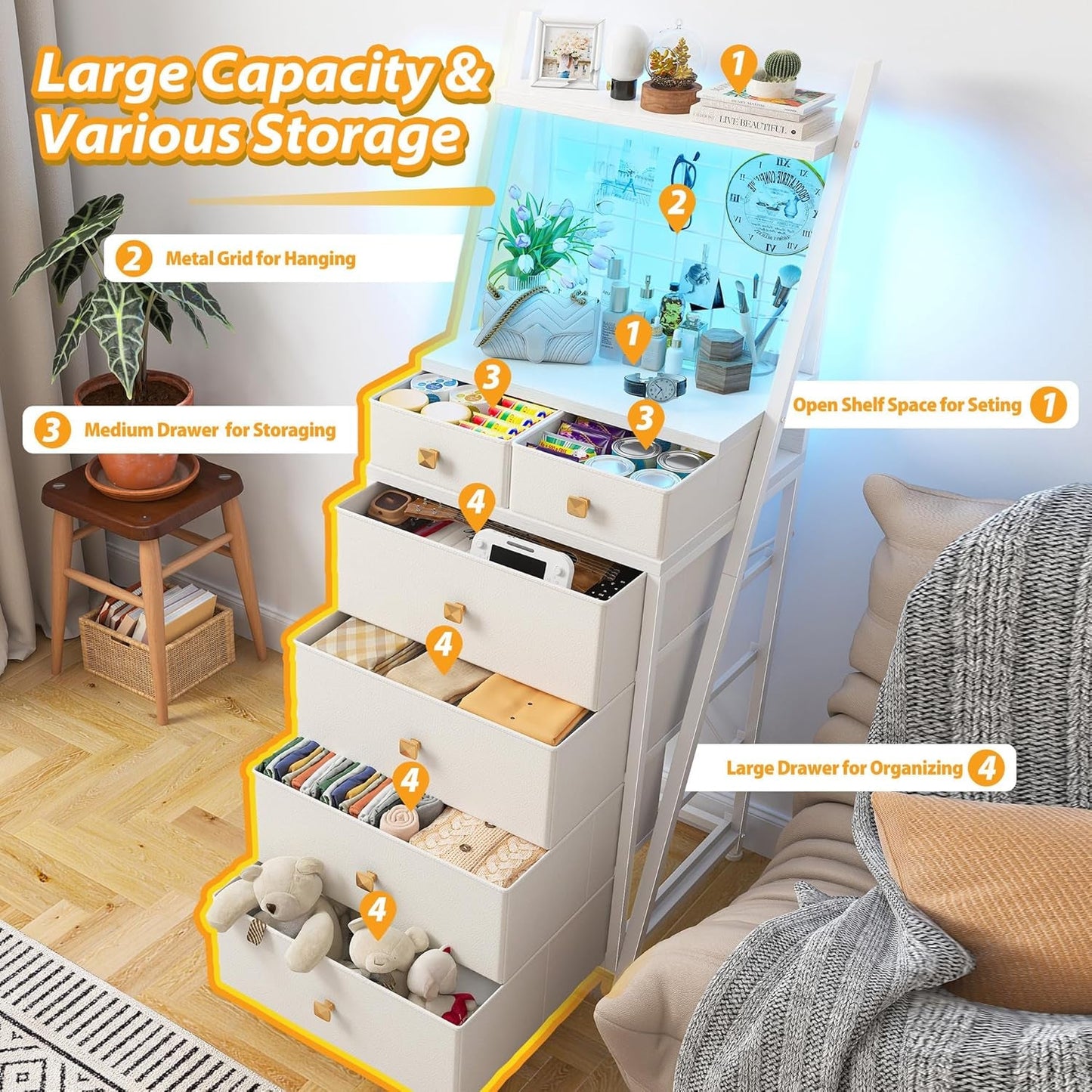 Vertical LED Dresser 6 Drawers White Bedroom Chest