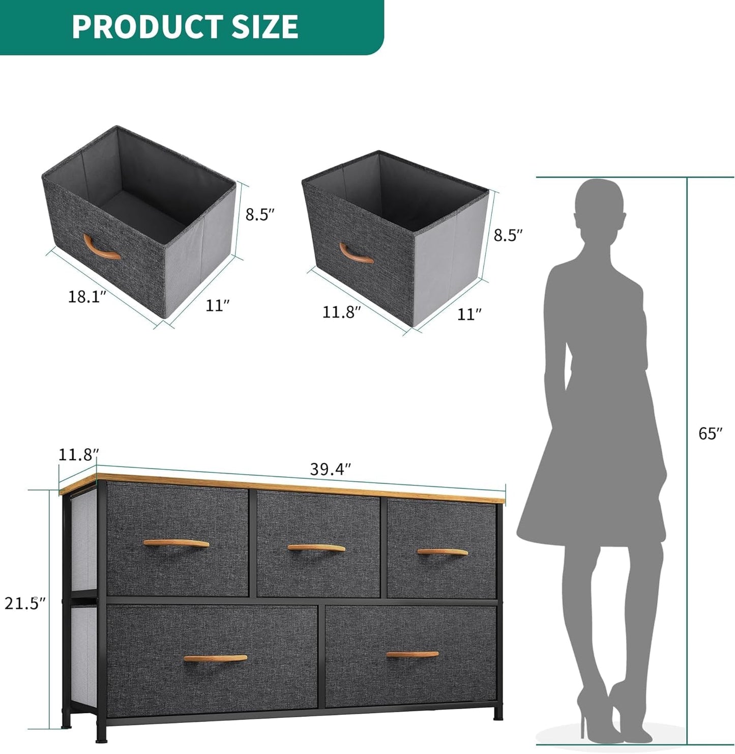 5-Drawer Fabric Storage Dresser With Wooden Top For Bedroom