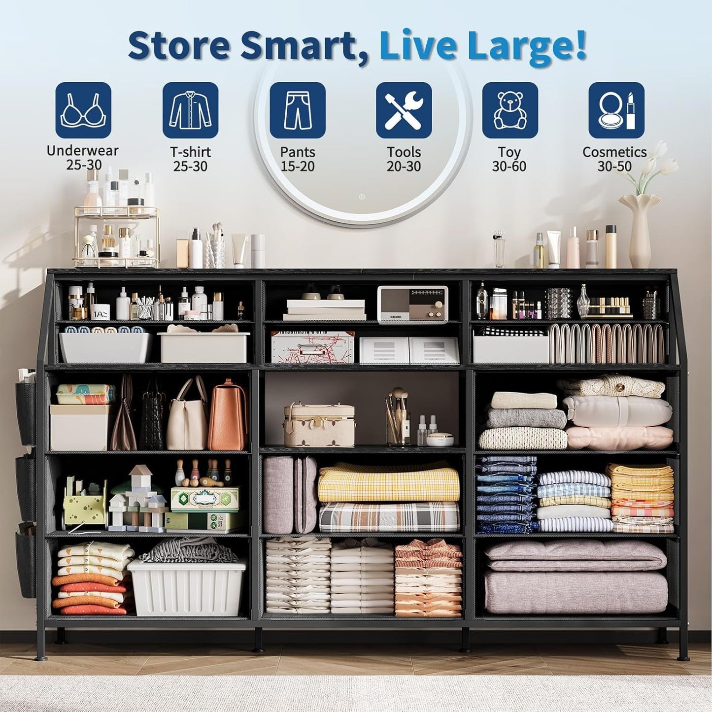 55 Inch Dresser With Fourteen Drawers Shelves Steel Frame