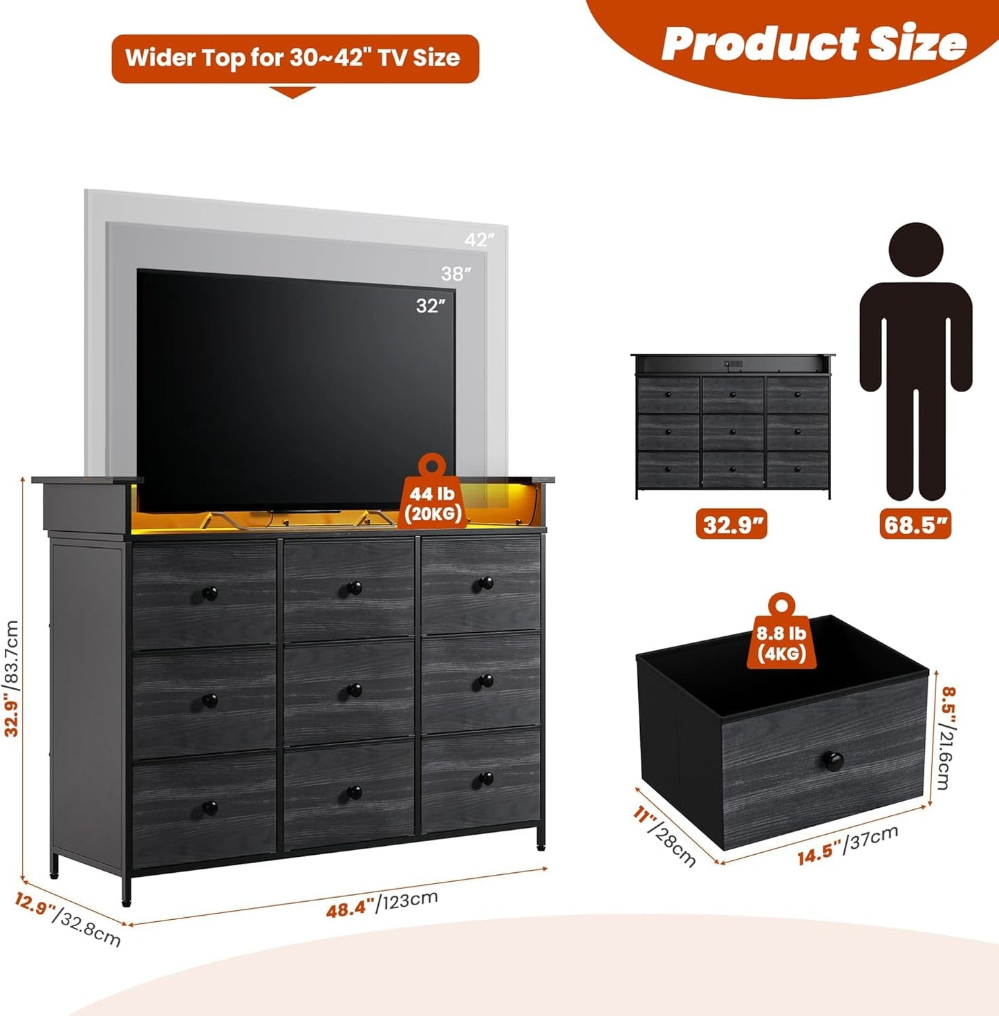 9 Drawer Dresser And TV Stand With LED Light For Bedroom