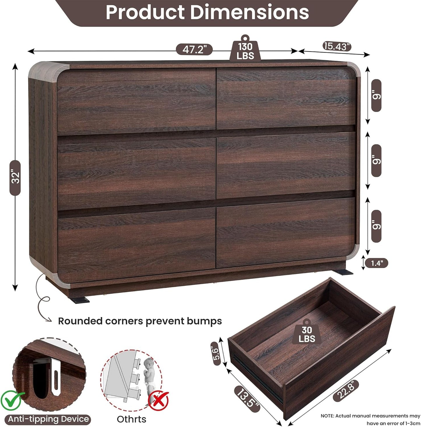 Walnut 6 Drawer Dresser Curved 47 Inch Bedroom Storage