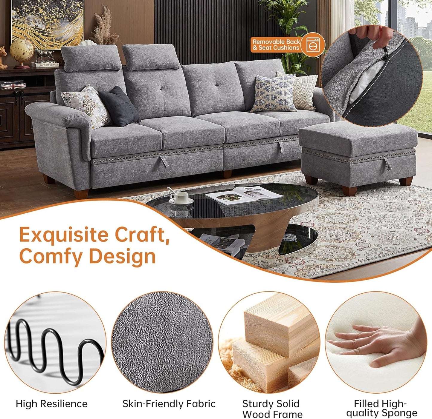 Light Grey Microfiber Sectional Sofa With Storage Ottoman