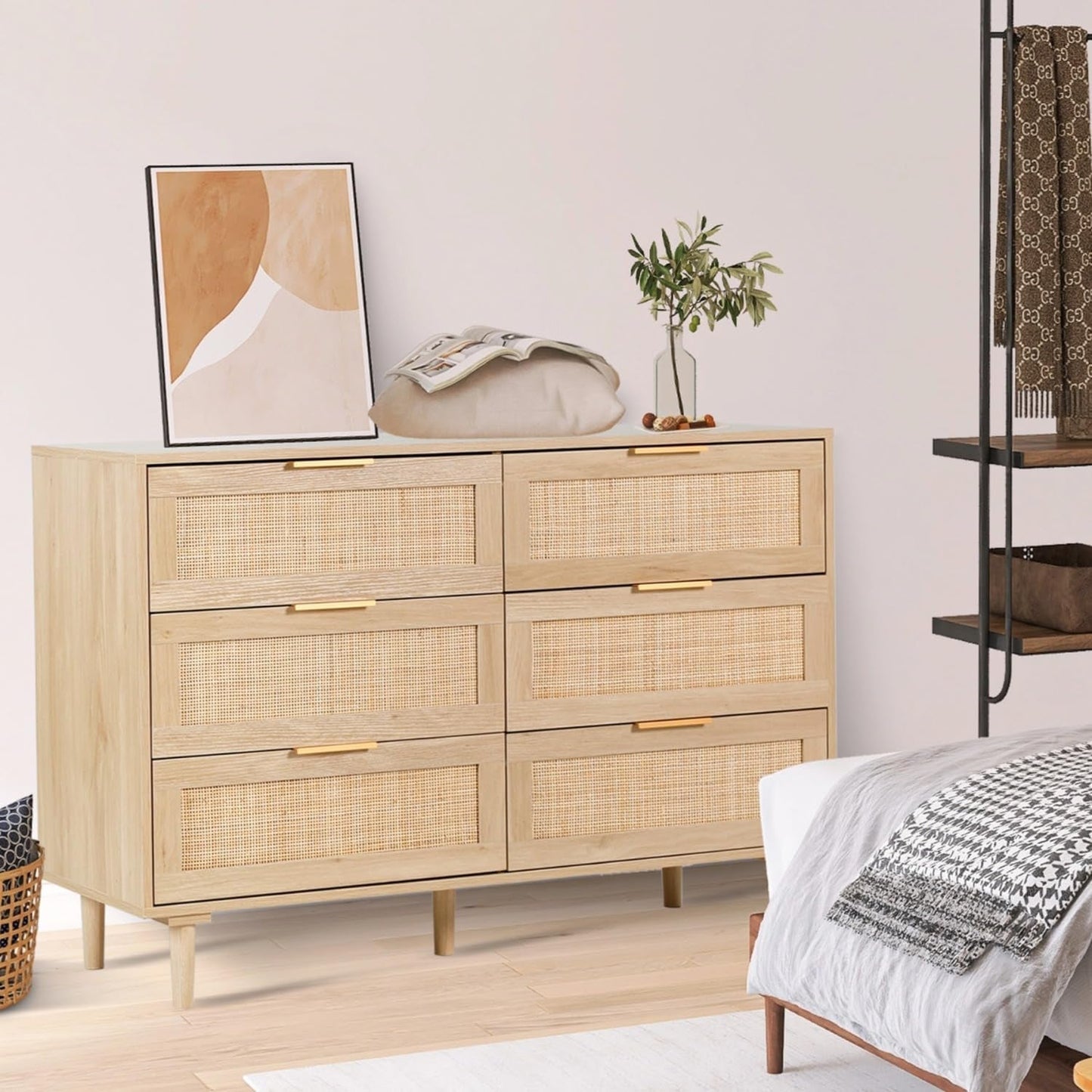 Natural Rattan Dresser With Six Drawers Bedroom Storage
