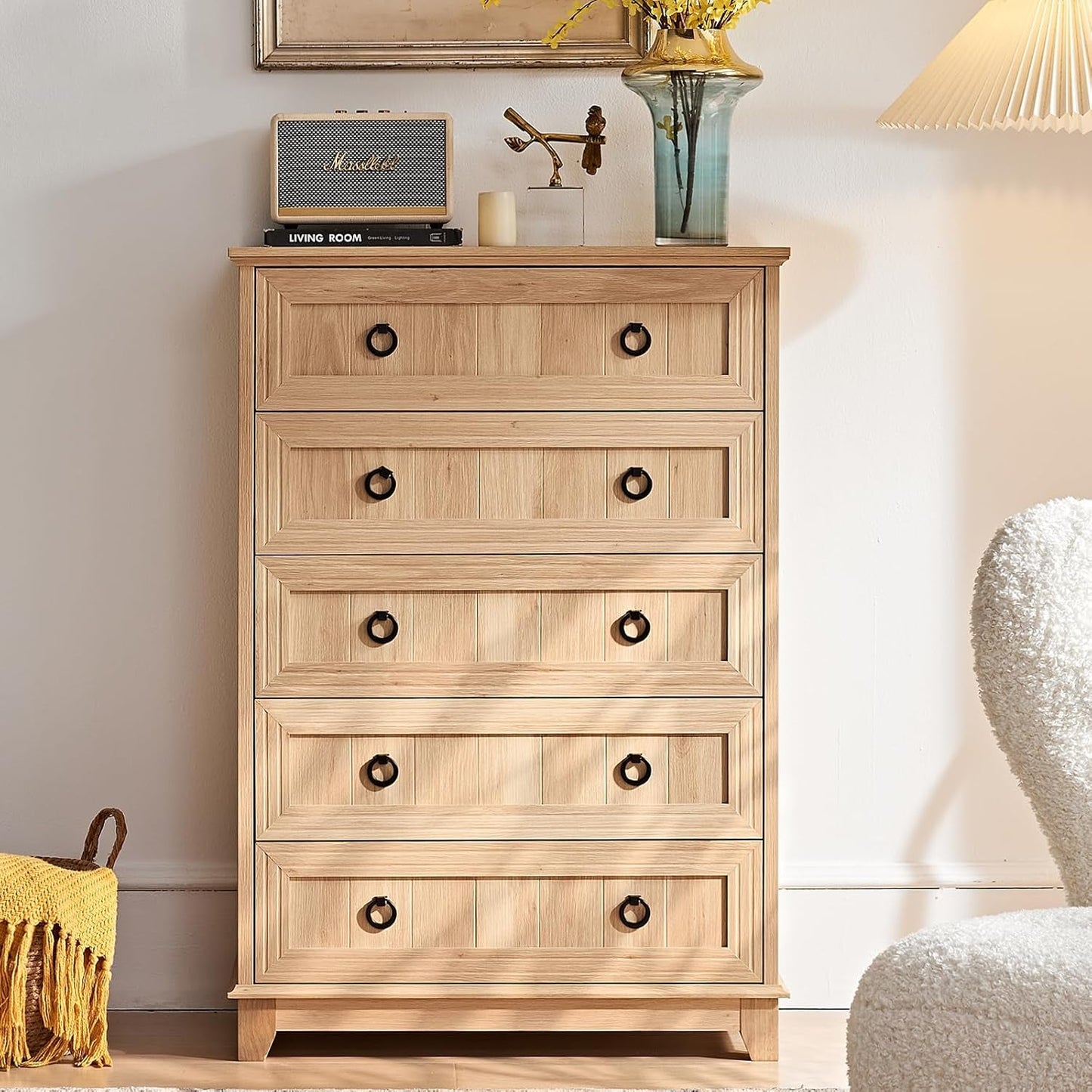 Farmhouse Style 5 Drawer Dresser 42 Inch Tall Rustic Finish