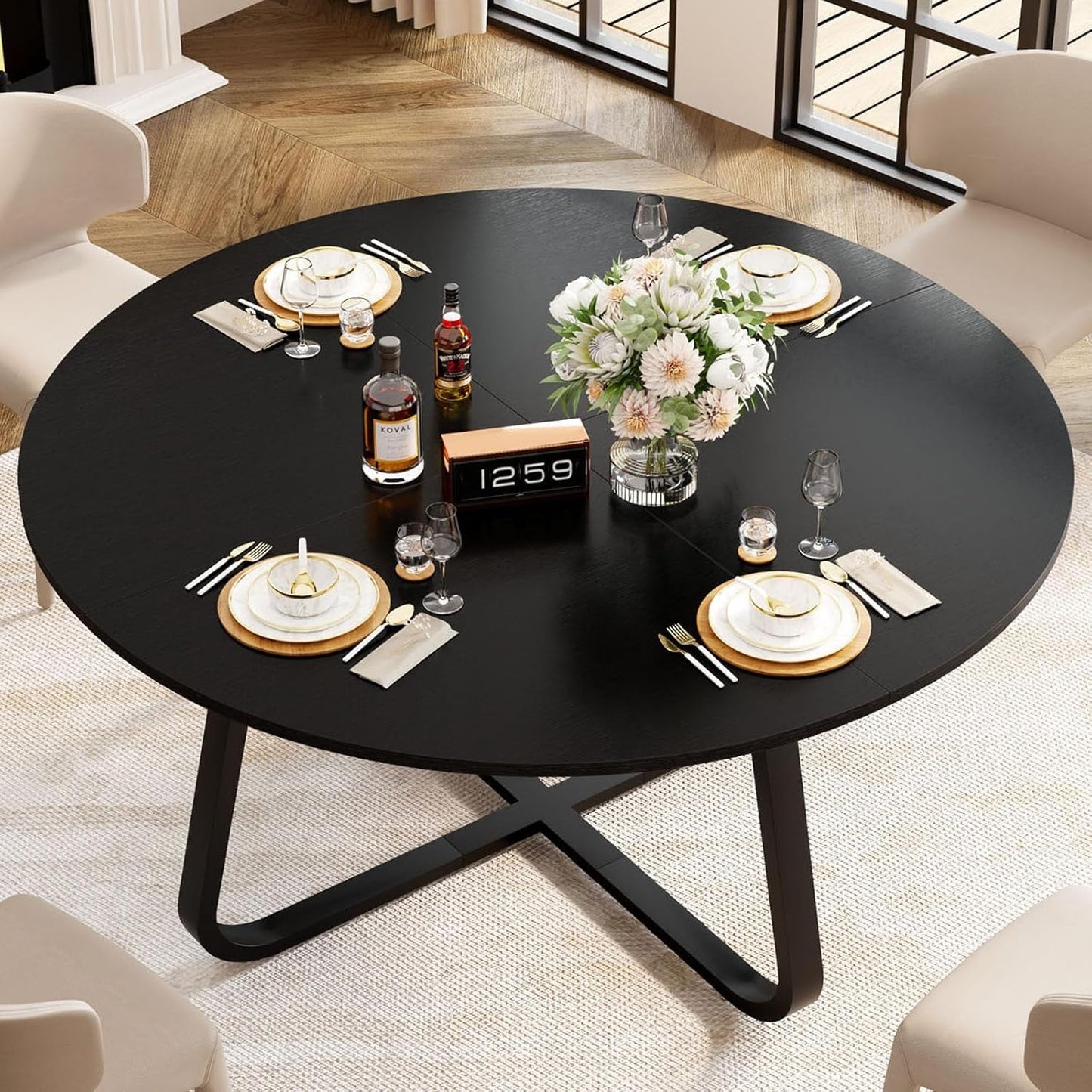 Circular Dining Table 51 Inch Black Oak Wood Finish