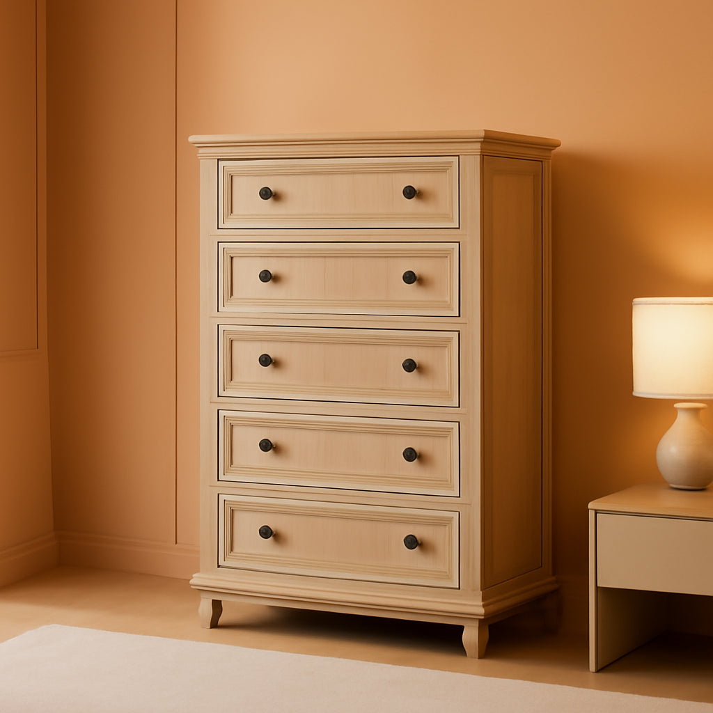 Farmhouse Style 5 Drawer Dresser 42 Inch Tall Rustic Finish