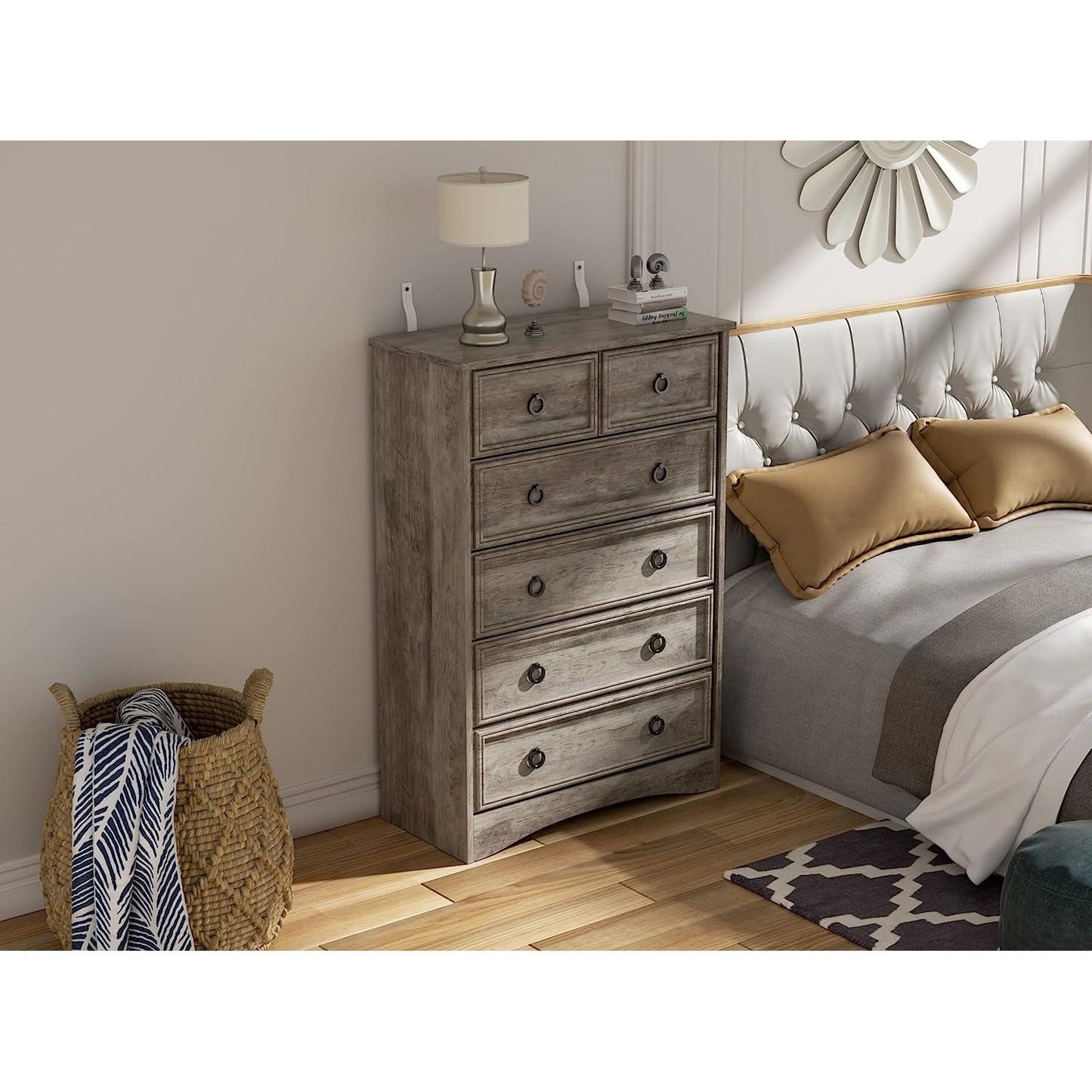 Gray Wash Tall Dresser 6 Drawer Bedroom Storage Cabinet