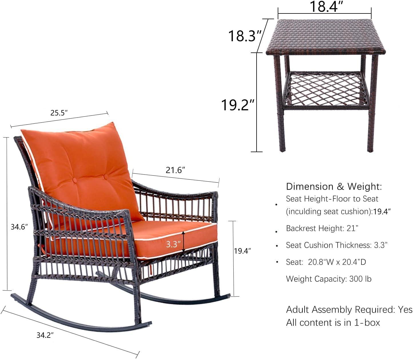 Orange 3 Piece Rocking Wicker Patio Set With Cushions