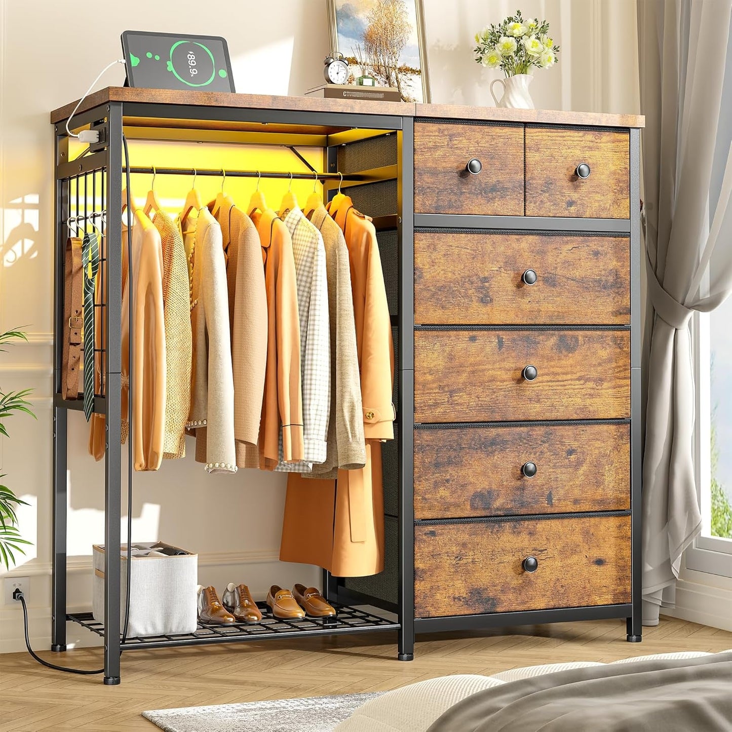 Brown Walnut Storage Dresser With RGB Lighting 49 Inch Wide