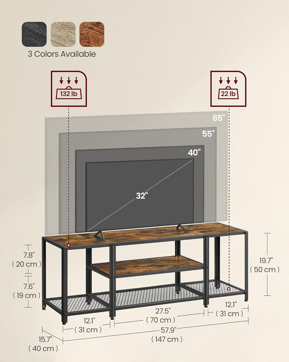 TV Stand for 65 Inch TVs 3 Tier Rustic Industrial Console