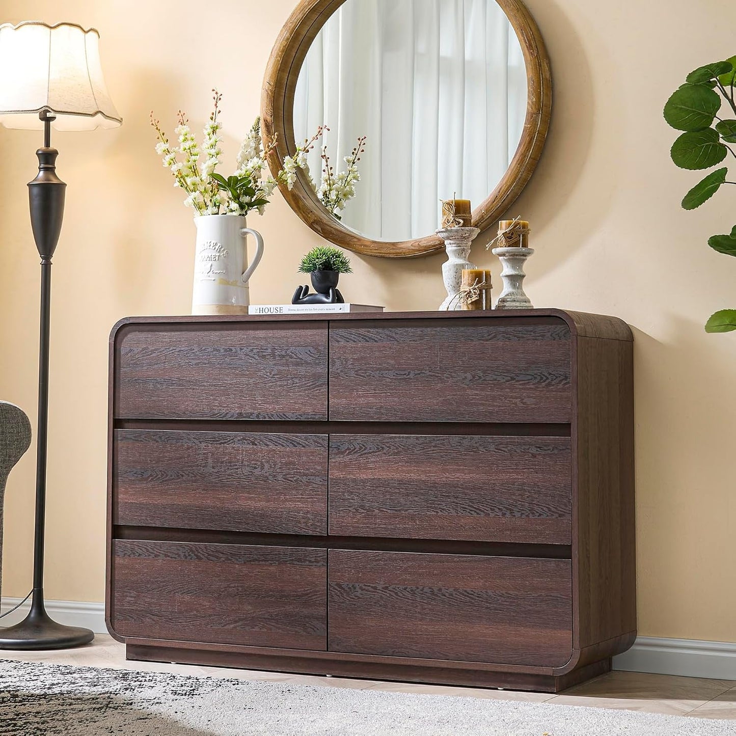 Walnut 6 Drawer Dresser Curved 47 Inch Bedroom Storage