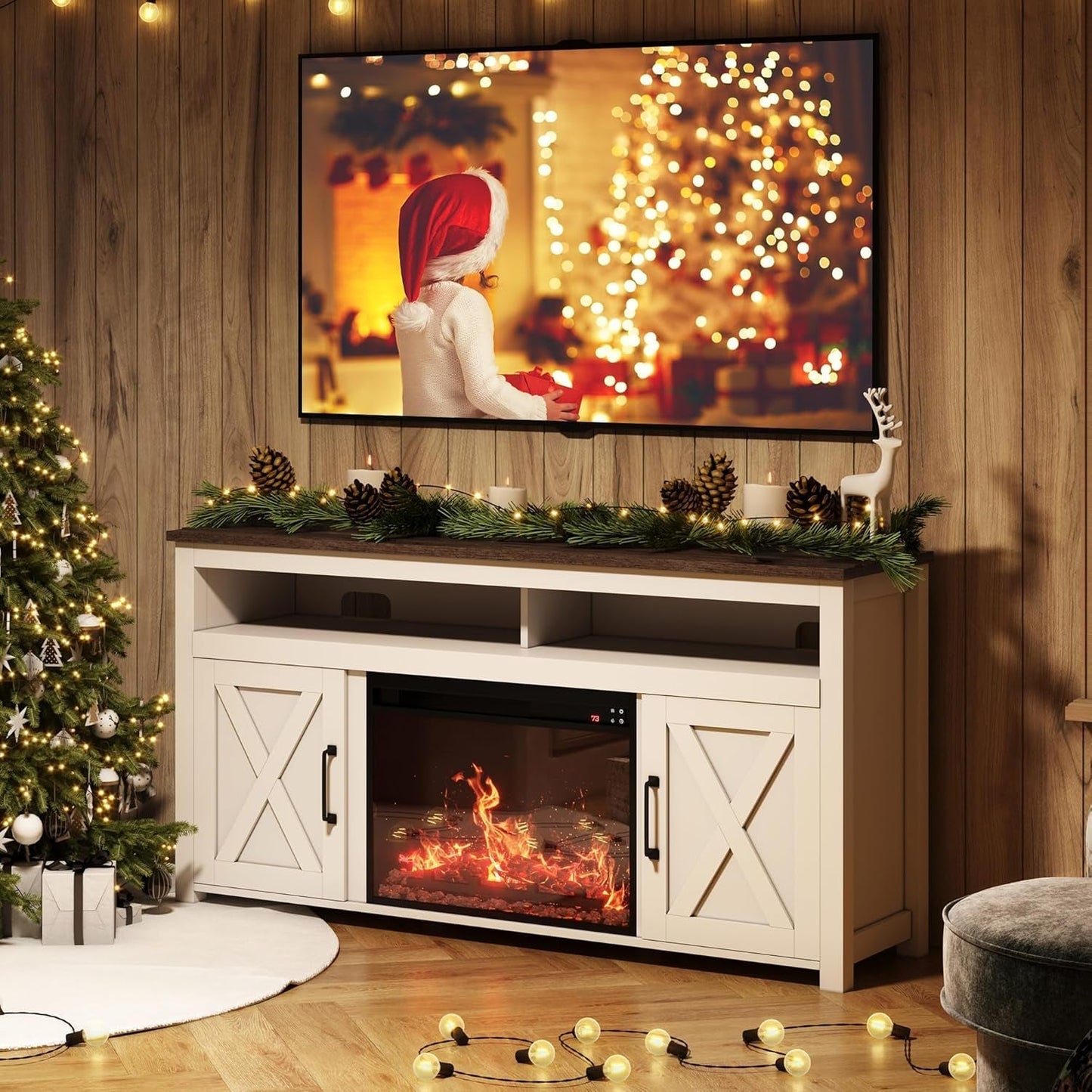58 Inch White Farmhouse Fireplace TV Stand Cabinet