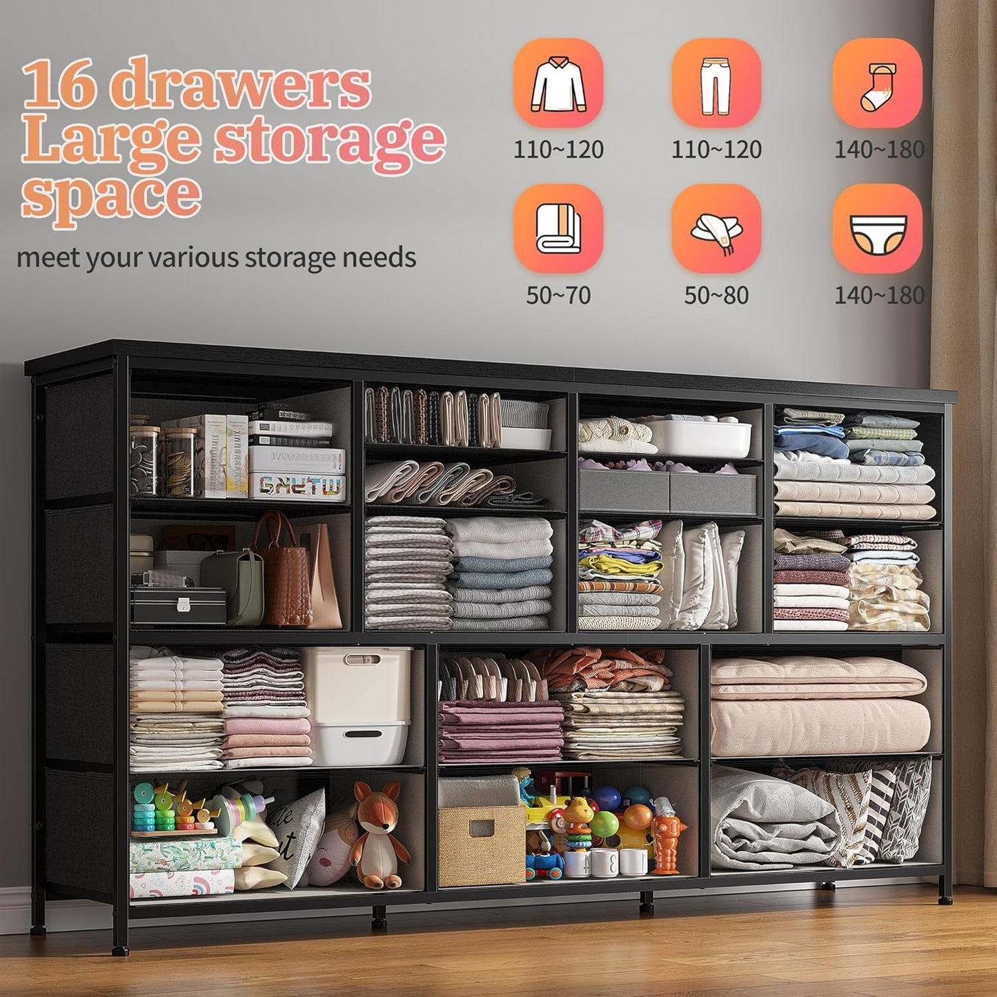 60 Inch TV Stand Dresser With Charging Station 16 Drawers