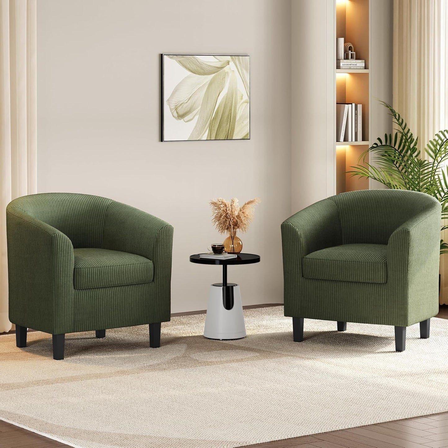 Corduroy Barrel Chairs Set of 2 Dark Green Upholstered