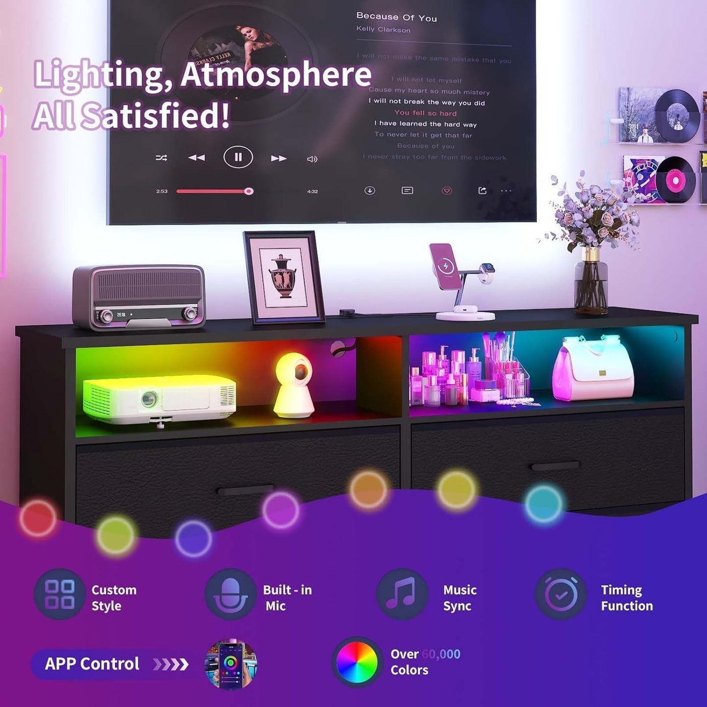 Black Dresser With LED Lights And Charging Station