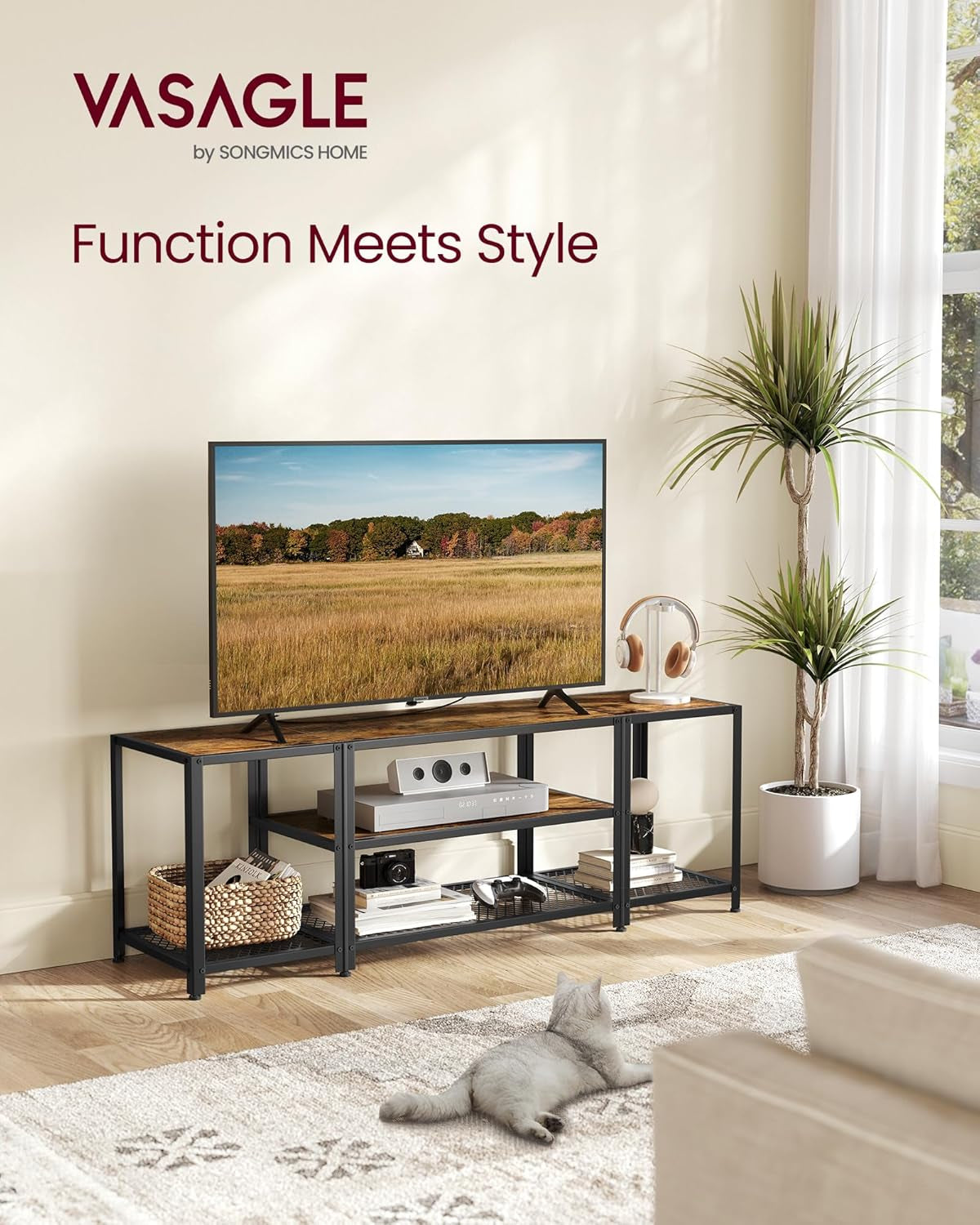 TV Stand for 65 Inch TVs 3 Tier Rustic Industrial Console