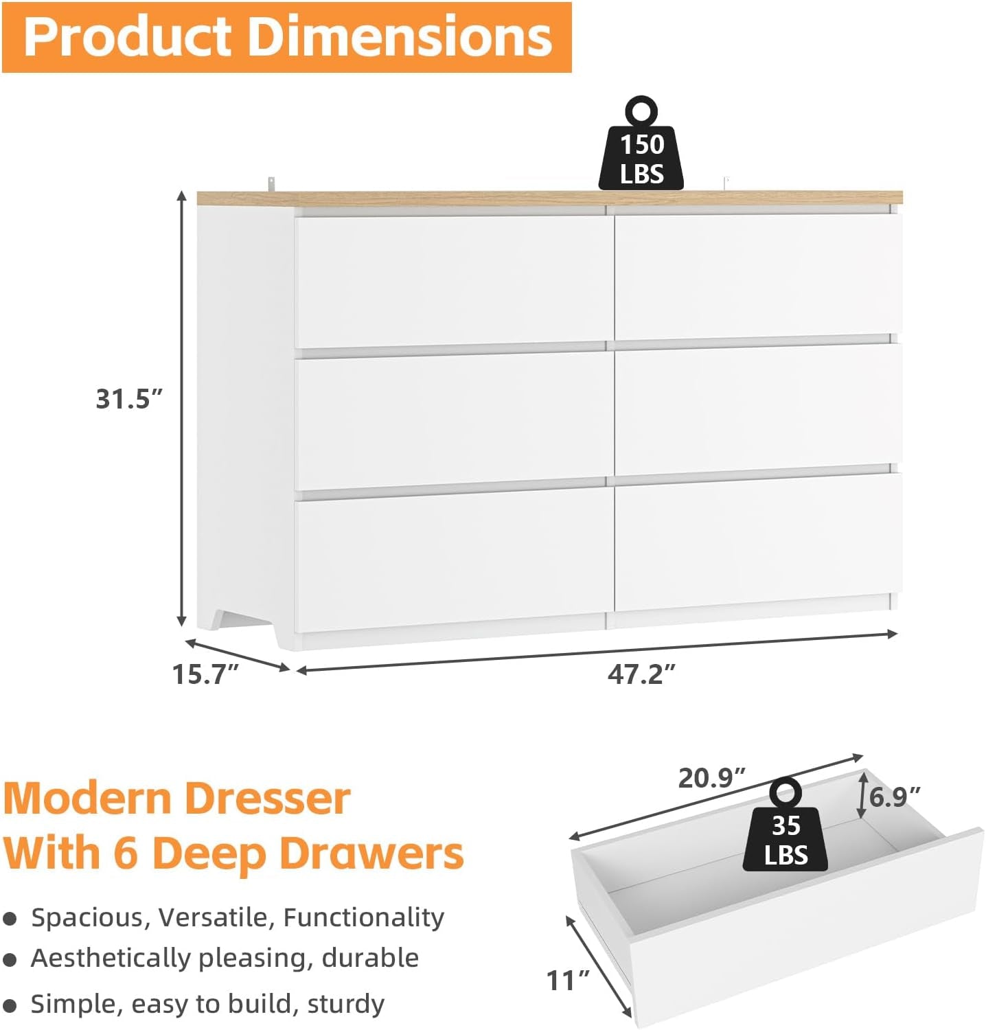White Forty Seven Inch Six Drawer Dresser Wood Top