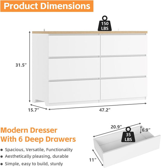 White Forty Seven Inch Six Drawer Dresser Wood Top