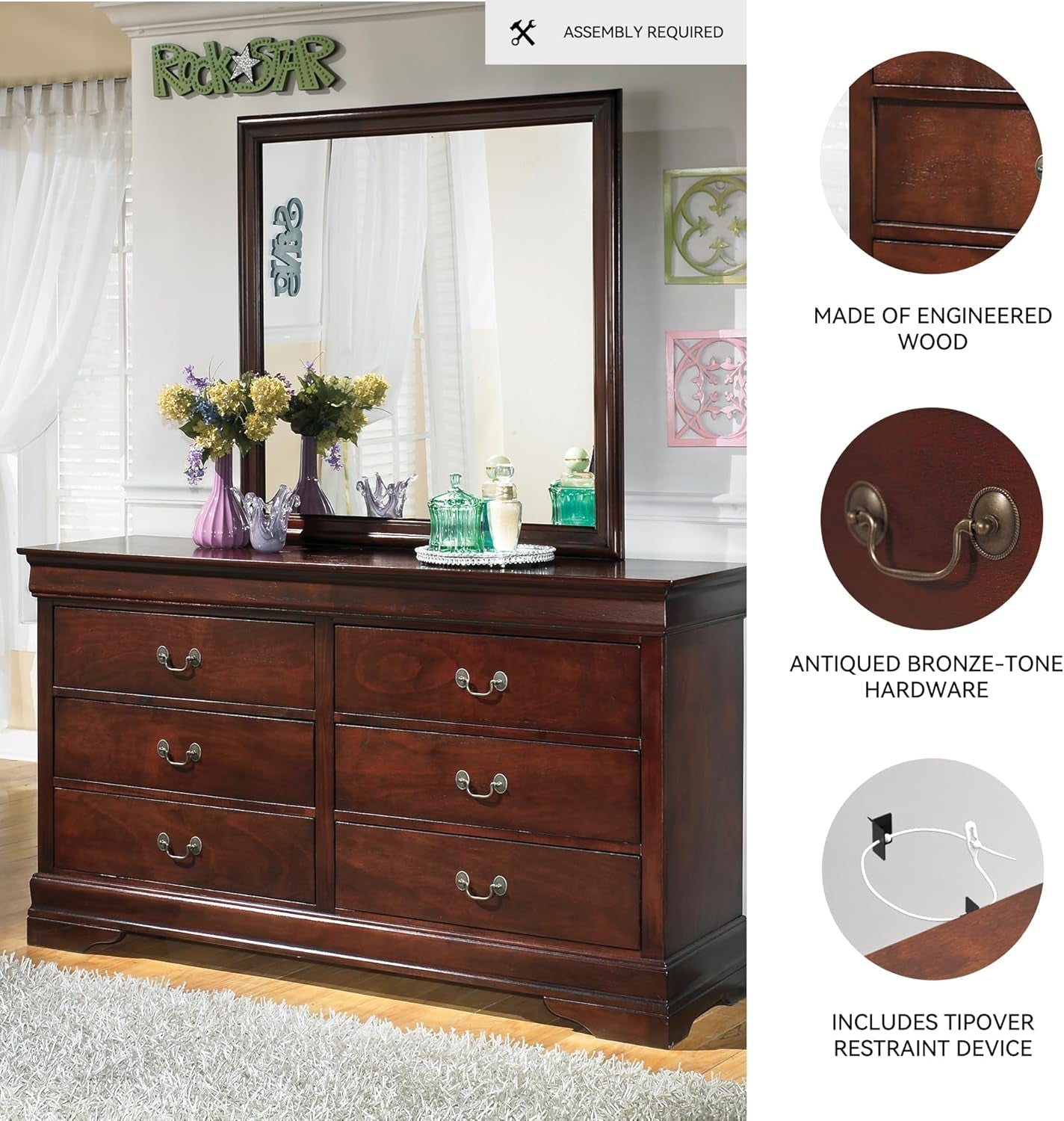 Alisdair Traditional Dark Brown Six Drawer Dresser