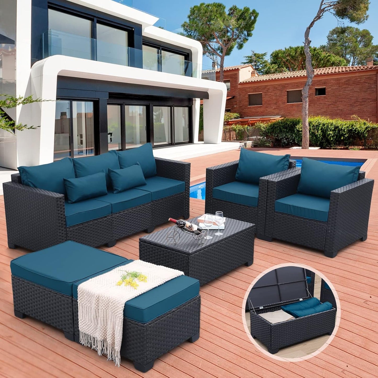 Patio Furniture Set 6 Pieces Peacock Blue Cushions Included