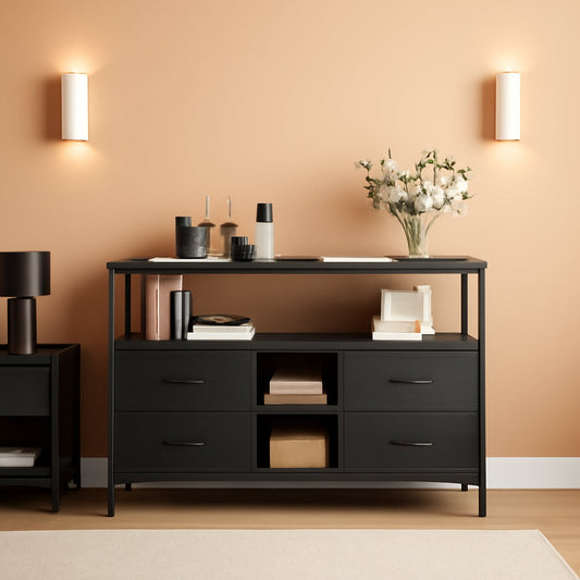 Black TV Stand With LED Lights And 2 AC Outlets And 2 USB Ports