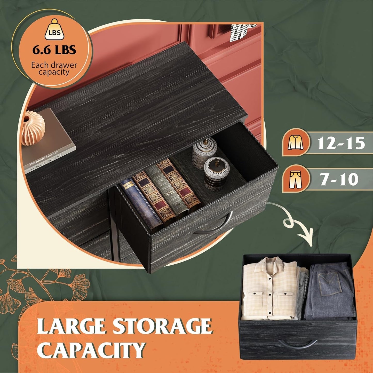 Tall Fabric Dresser With 8 Drawers In Charcoal Black Wood Grain