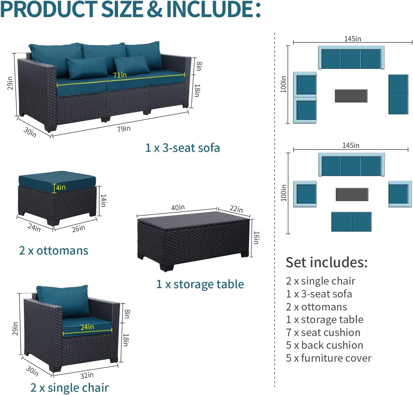 Patio Furniture Set 6 Pieces Peacock Blue Cushions Included