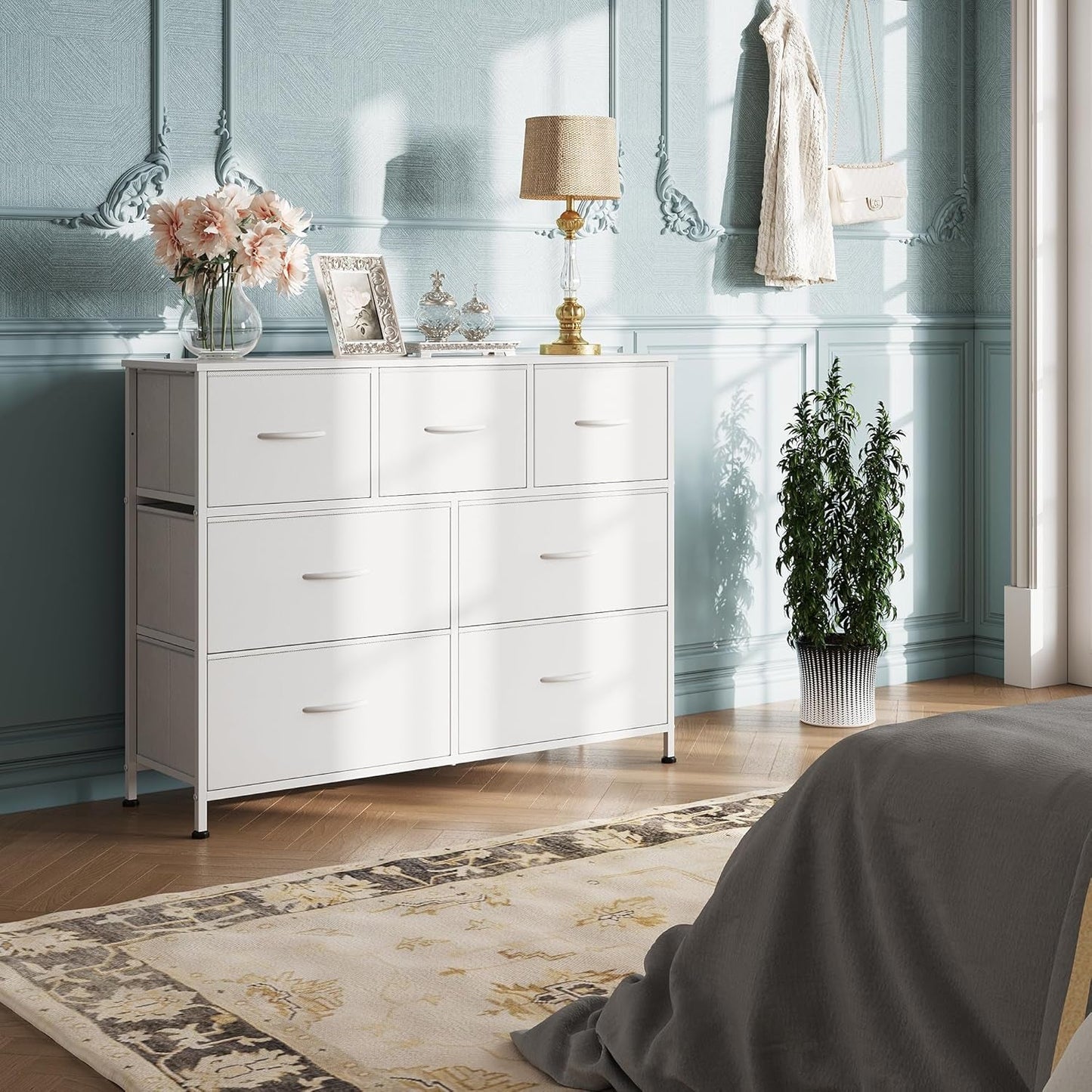 White Dresser With 7 Drawers Steel Frame Wood Top Bedroom Storage