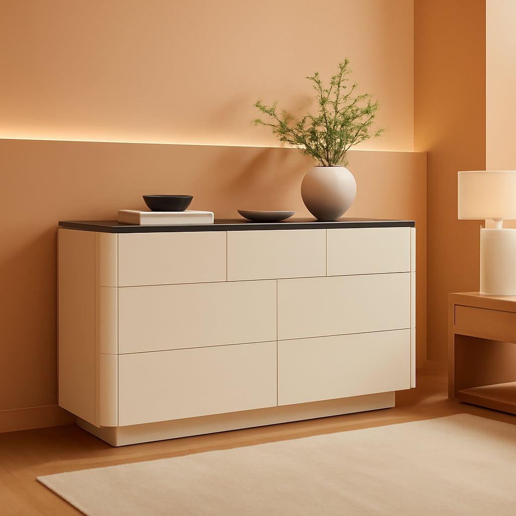Off White Handleless Dresser With Curved Profile For Home