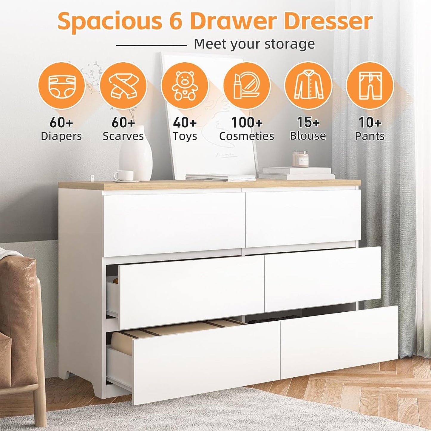 White Forty Seven Inch Six Drawer Dresser Wood Top