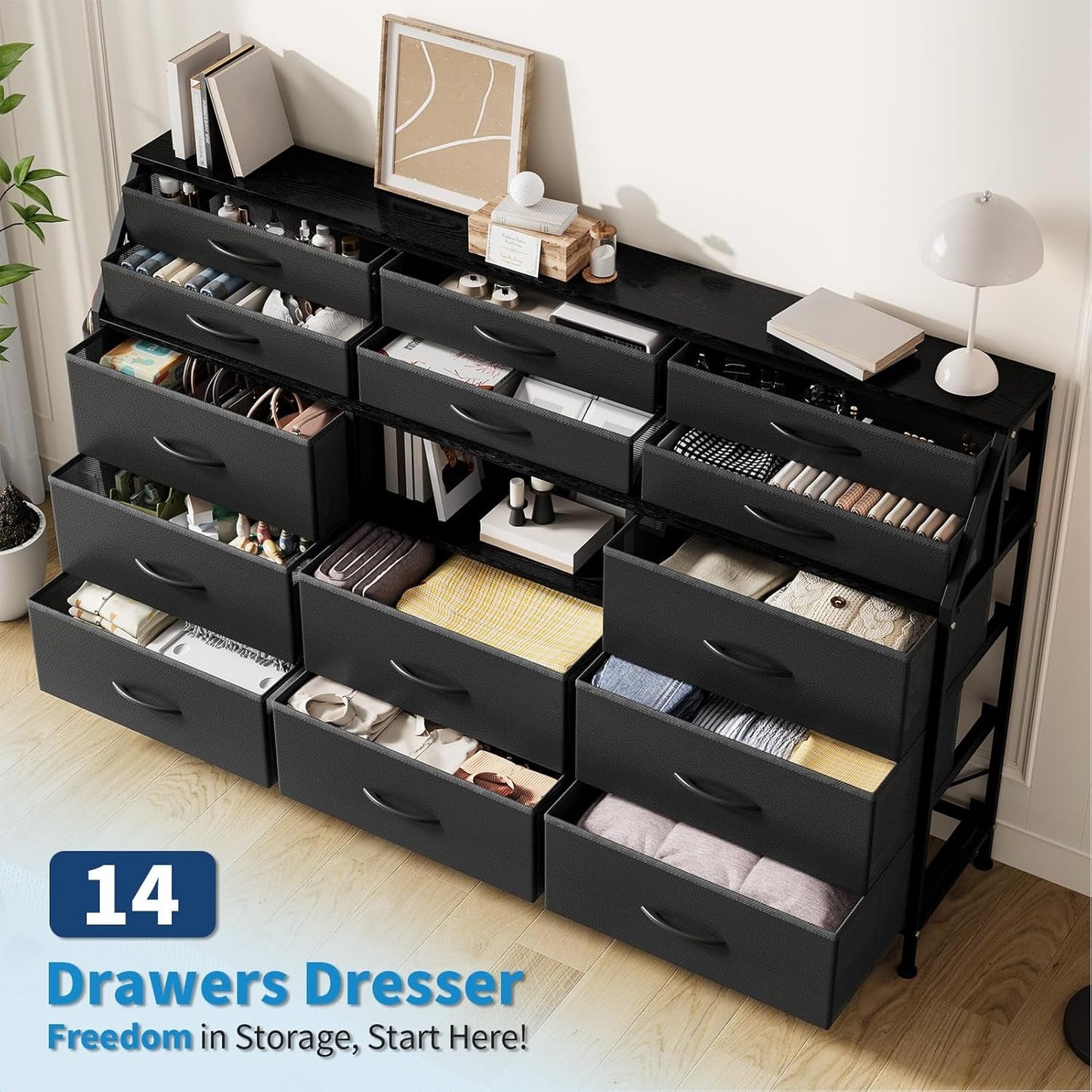 55 Inch Dresser With Fourteen Drawers Shelves Steel Frame