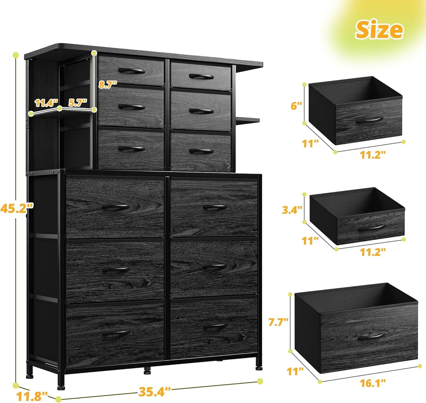 12 Drawer Dresser With Led Lights In Black Bedroom Storage Cabinet With Ample Drawer Space And Modern Metal Frame