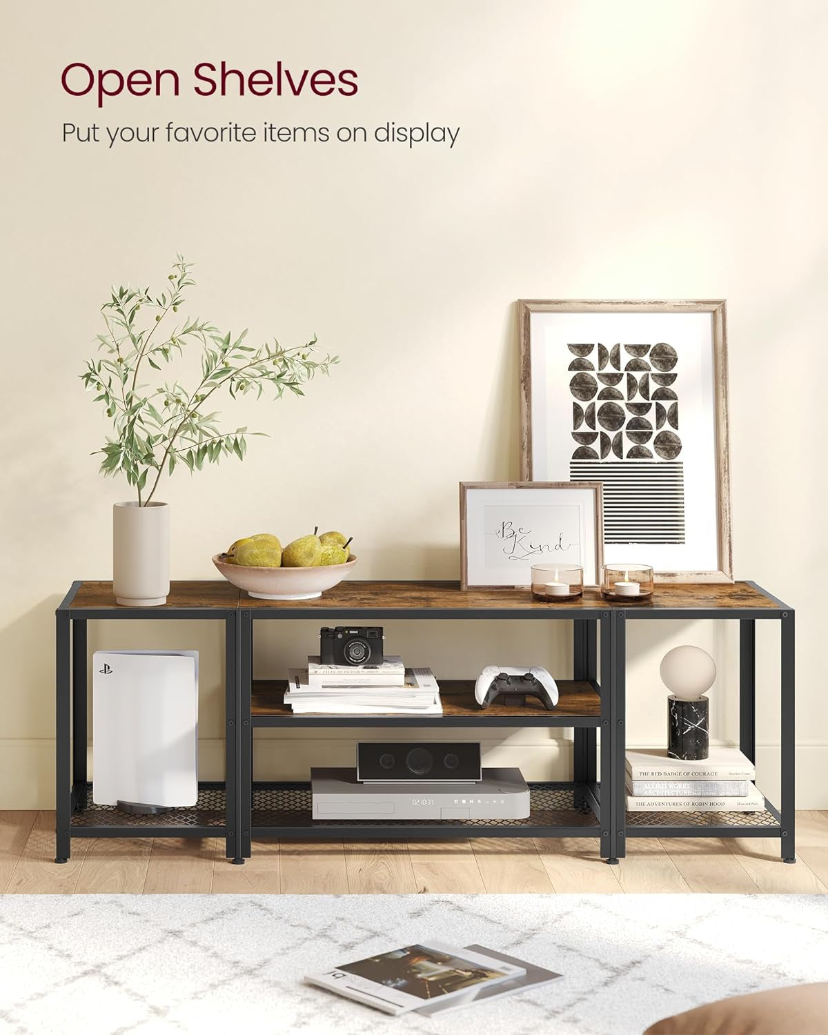 TV Stand for 65 Inch TVs 3 Tier Rustic Industrial Console